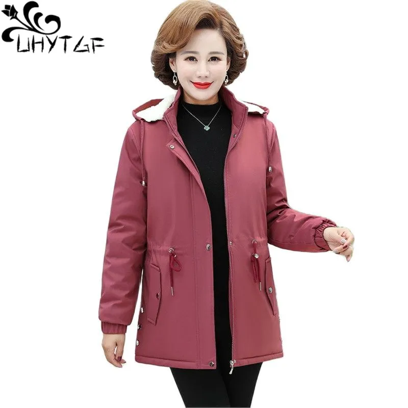 

UHYTGF Autumn Winter Jacket Women Long Down Cotton Coat Fleece Warm Hooded Windproof 5XL Large Size Outerwear Parker Female 1604