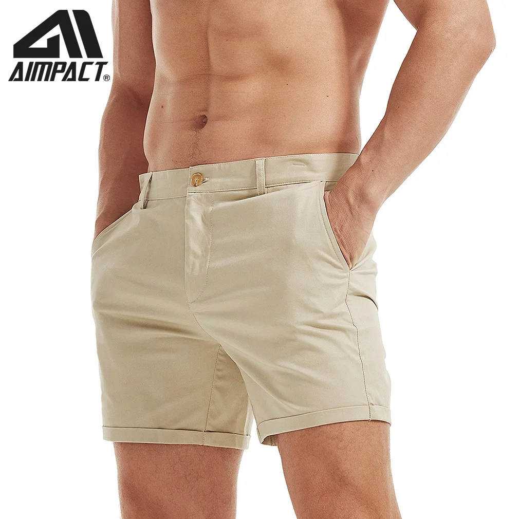 Calções de carga de verão Aimpact, slim-fit, costura de 5 polegadas, elástico frontal plana, cor sólida, AM2355