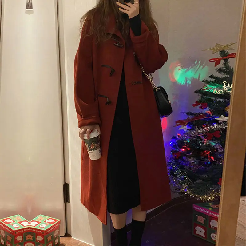 

Women Woolen Coat Casual Oversized Turn Down Collar Long Wool Jacket Cashmere Horn Button Woolen Blends Overcoat Streetwear 2023