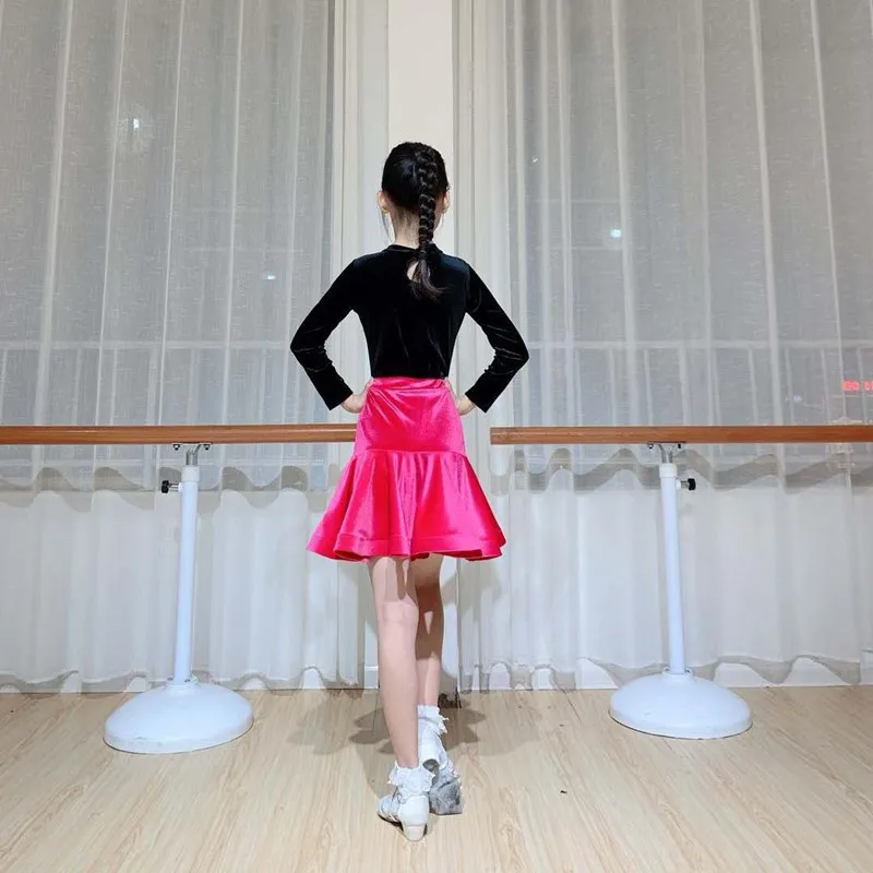 Children Latin Dance Skirt Performance Girls Winter Velvet Ballroom Dancing Fishtail Skirt Costum Dancewear Tops 2-piece Suit