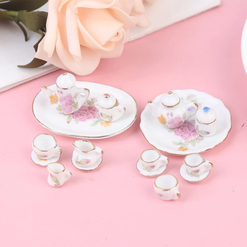 8PCS 1/12 Miniature Doll House Pink Flower Patten Porcelain Coffee Tea Cups Ceramics Tableware Dollhouse Kitchen Accessories