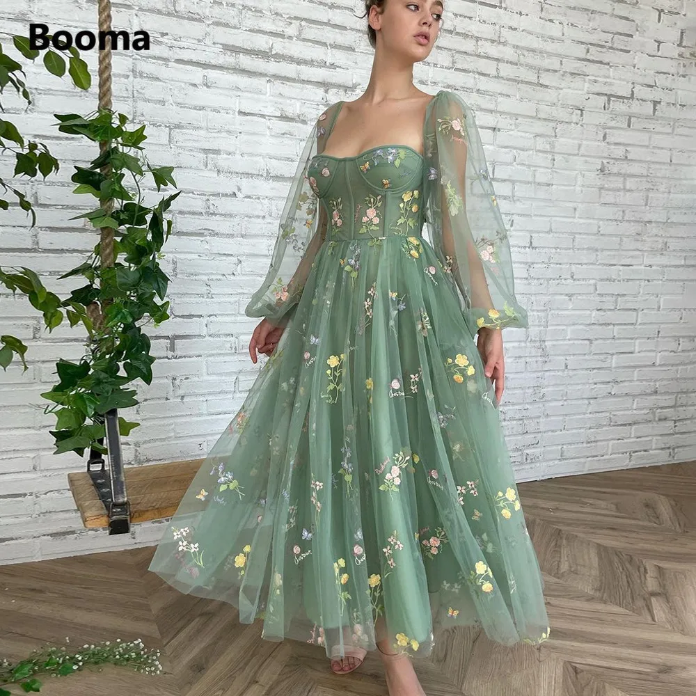 Booma Green Embroidery Lace Prom Dresses Long Sleeves Ankle-Length A-Line Wedding Party Gowns Open Back Tulle Formal Dresses