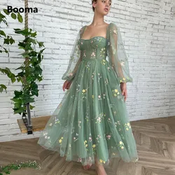 Booma Green Embroidery Lace Prom Dresses Long Sleeves Ankle-Length A-Line Wedding Party Gowns Open Back Tulle Formal Dresses