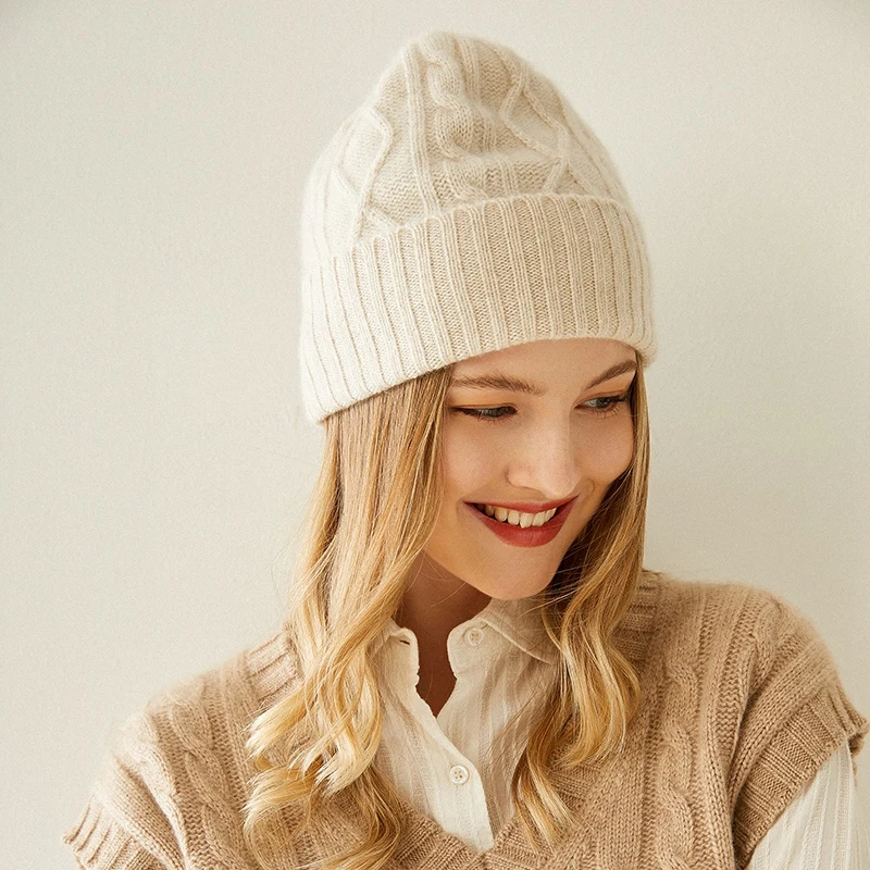 100% Goat Cashmere Knitted Headgears Women 2020 Hot Sale Soft and Warm Thicker Hats for Girls Winter Autumn 3Colors Fashion Hat