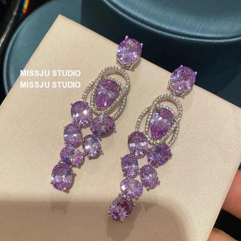 

Purple Zirconia Drop Earrings For Women S925 Silver Needle Long Tassels Party Stud Dangle Earrings Elegant Fine Jewelry Brincos