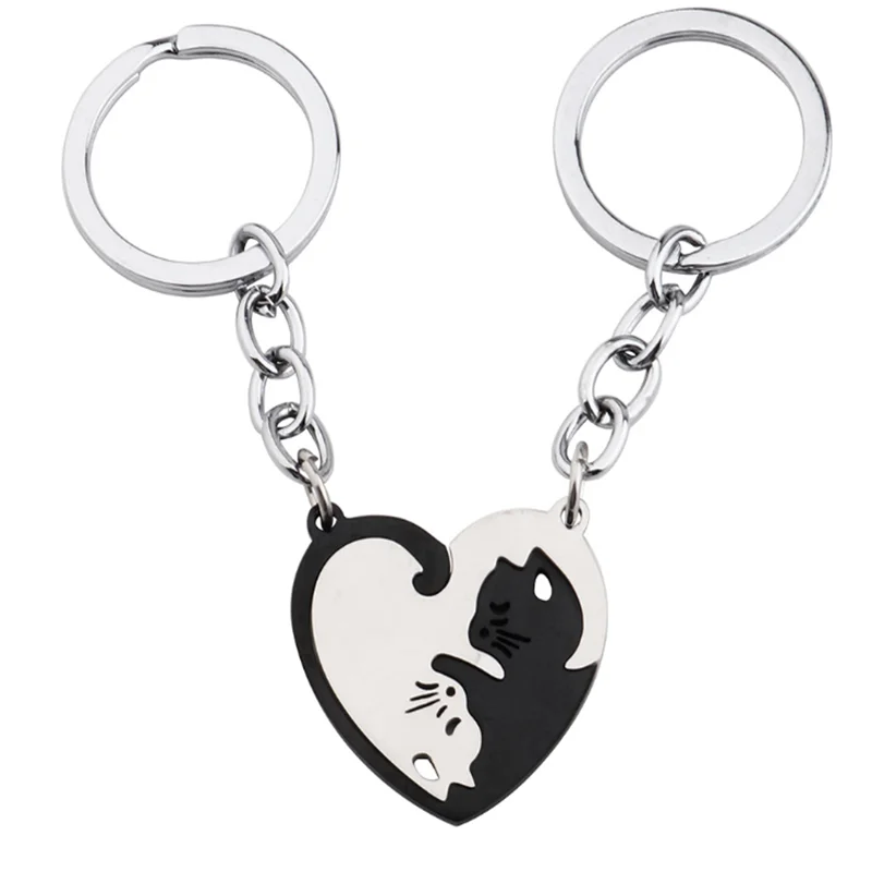 2pcs Cute Black Cat Keychain Patchwork Heart Round Couple Lovers Keyring Stainless Steel Backpack Car Key Ring Hanging Jewelry