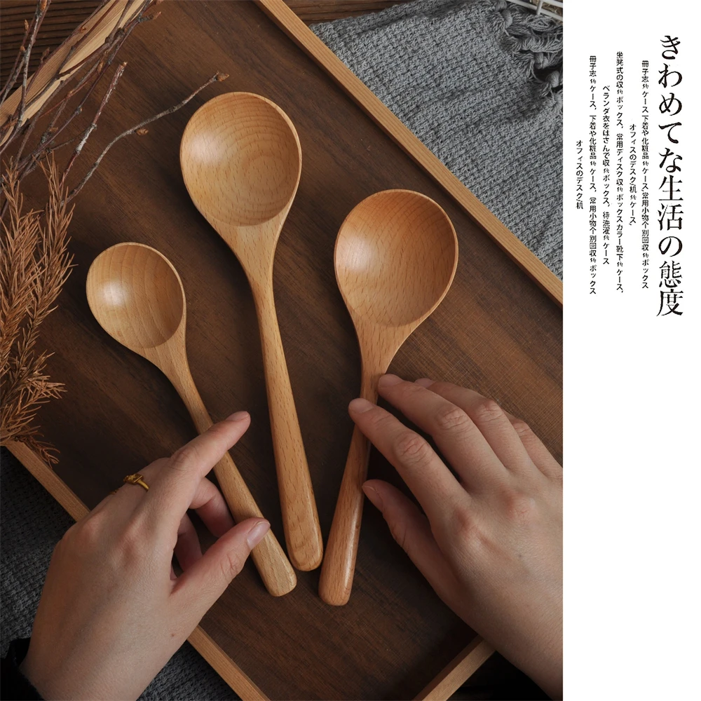 Handmade Long Handle Wooden Spoon, Japanese Style Eco-friendly Round Spoon, Household Kitchen Cookware, Natural Wooden Tableware