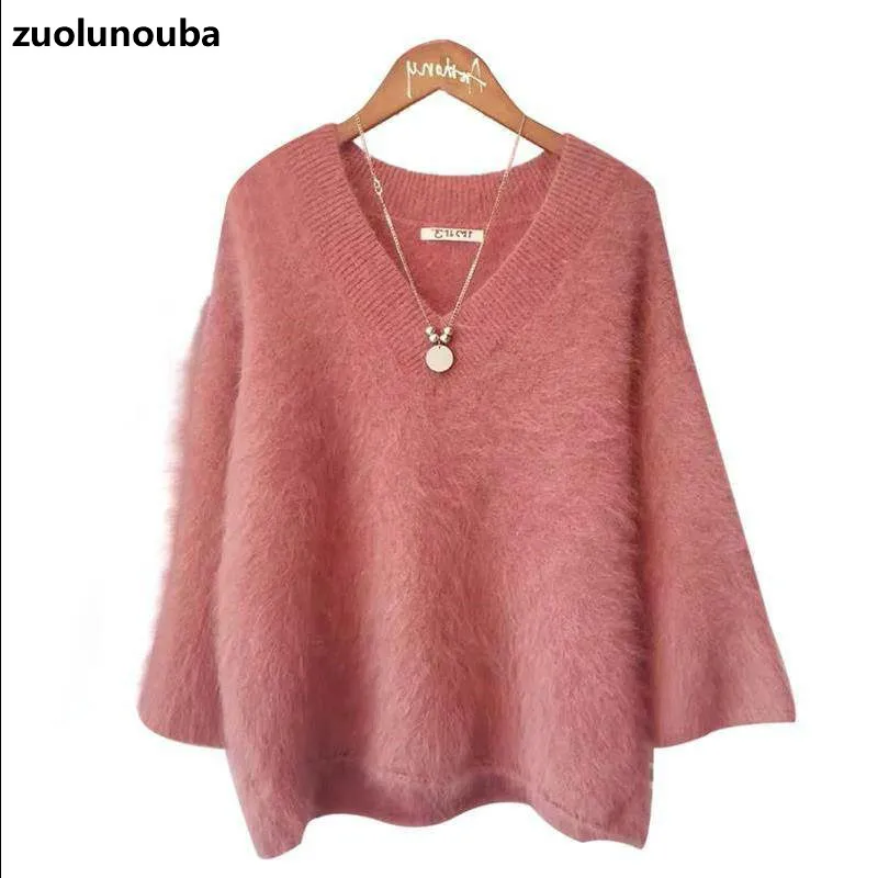 

Autumn Winter New Loose V-neck Ladies Pullover Sweater Split Fork All-match Casual Commuting Mink Fleece Women Clothes