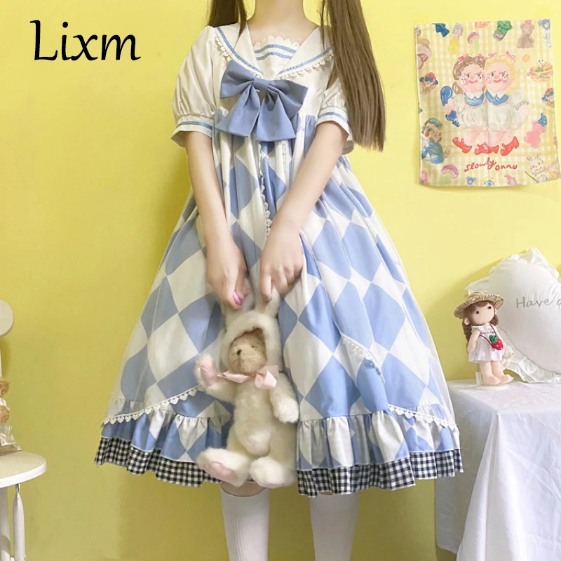 Meisje Lolita Navy Kraag Op Korte Mouwen Pod Jurk Blauwe Schattige Ruches Japanse Strik Kawaii Sweet Uniform Daily Kawaii Jurk