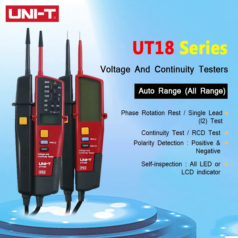 

UNI-T UT18C/UT18D AC DC Voltage and Continuity Testers Waterproof Pencil RCD Test Digital Voltmeter On-Off RCD Test IP65