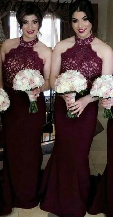 Vintage Burgundy Country Style Bridesmaid Dress Halter Garden Formal Wedding Party Guest Maid of Honor Gown Plus Size