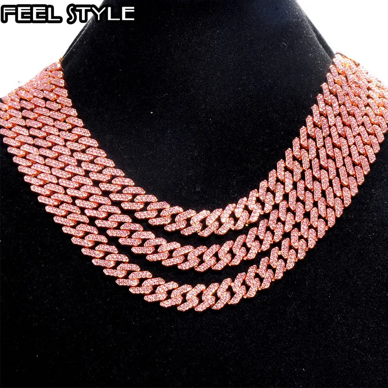 Hip Hop 12MM Full Iced Out Paved Pink Rhinestones Miami Prong Cuban Chain CZ Bling Rapper Necklaces Bracelets For Men Jewelry