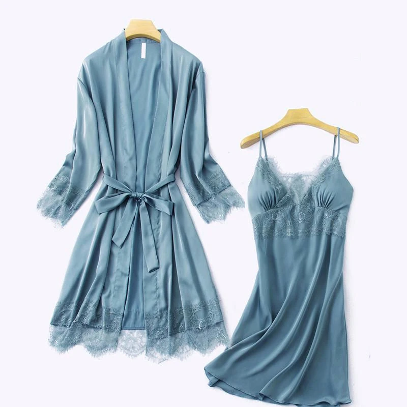 Nighty Robe Set Womens 2PCS Nightshirts Sleep Suit V-Neck Pajamas Silky Sleepwear Homewear Wear Home Nightdress Negligee Gown