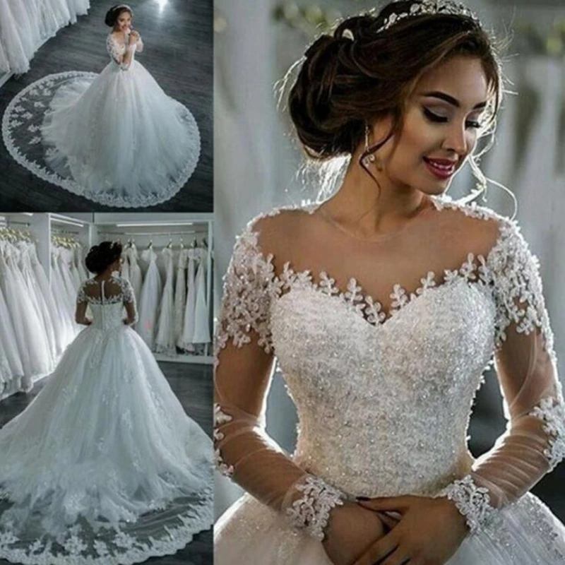 

VENSANAC Elegant Lace Appliques A Line Wedding Dresses Illusion Long Sleeve Court Train Tulle Bridal Gowns