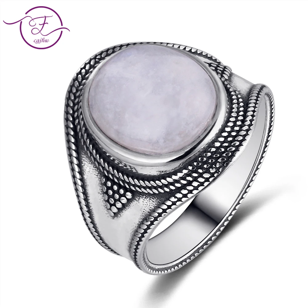 

Men And Women 925 Sterling Silver Jewelry Ring Oval 10 * 12MM Natural Moonstone Ring Retro Style Wedding Gift Anniversary