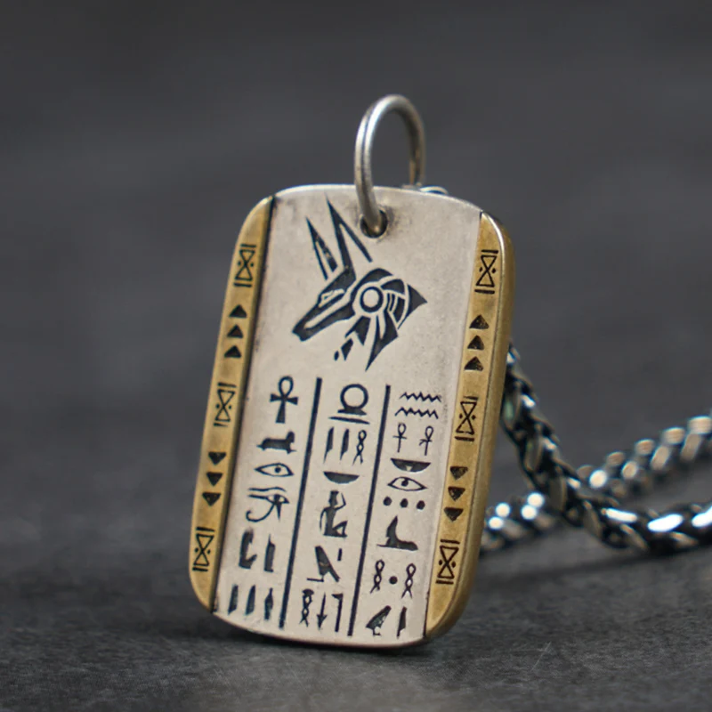 Anubis Sterling Silver Pendant Egyptian Mythology Jewelry with Hieroglyphics & Geometric Edges  Protective  for Men Women