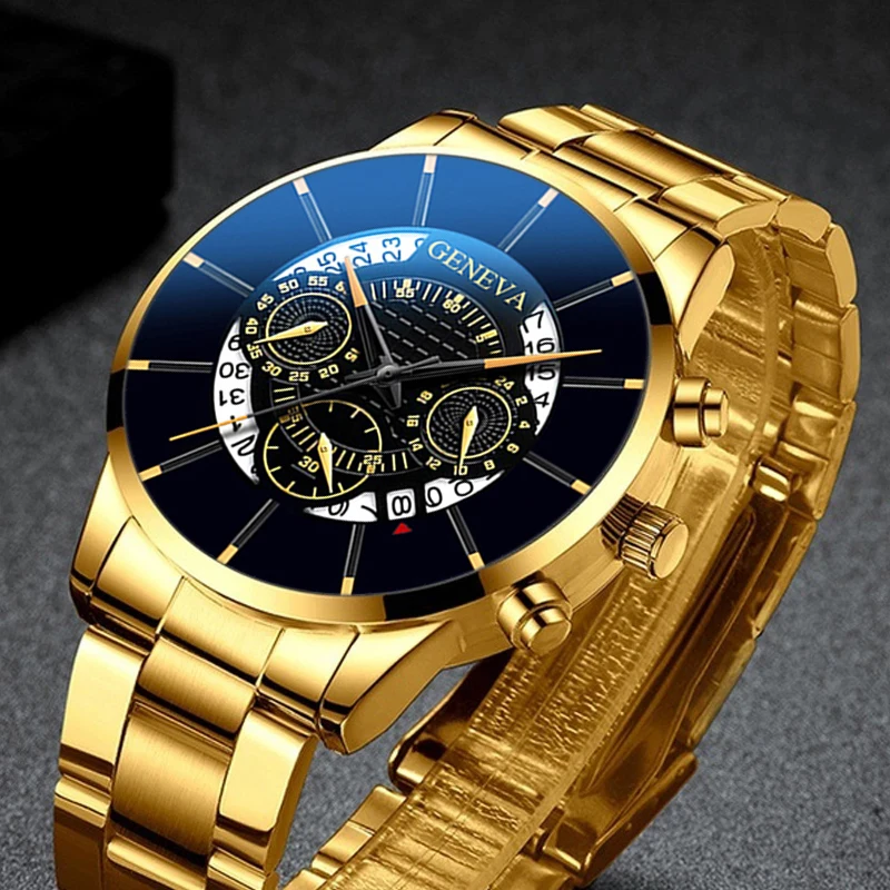 Fashion Mens Quartz Watch Golden Yellow Stainless Steel Luxury Wristwatch Man Business Classic Calendar Clock relogio masculino