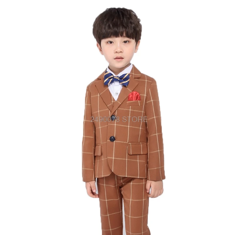 Flower Boys Formal Wedding Suit Kids England Style Blazer+Pant+Waistcoat 4Pcs Suit for Boys Kids Party Host Costume