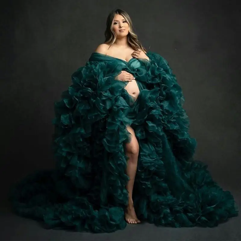 

Puffy Green Pregnant Women Dress Sexy Photograph Robes Sleepwear Ruffles Long Robe Tiered Gown Bathrobe Sleep Nightdress Femme