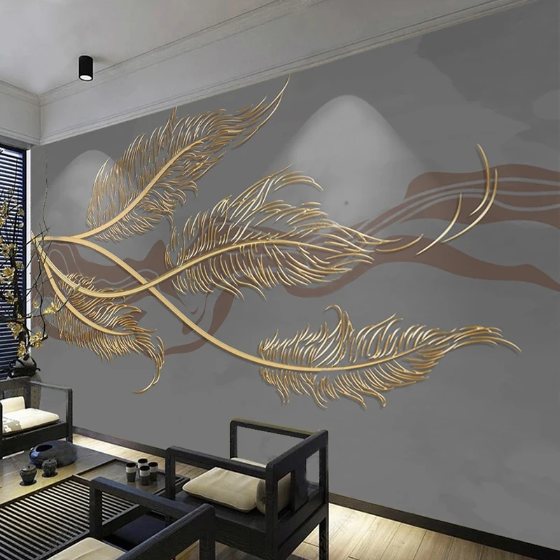 Custom Photo Wallpaper Golden Embossed Feather Abstract Lines Mural Living Room Sofa Background Wall Decor Wall Cloth 3D Fresco