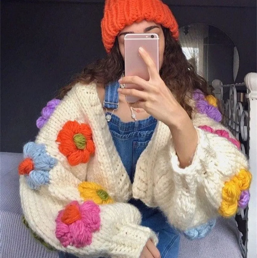 JSXDHK Fashion Women 3D Floral Handmade Sweater Cardigan Luxury Sweet Fall Winter Lantern Sleeve Knitted Loose Short Open Stitch