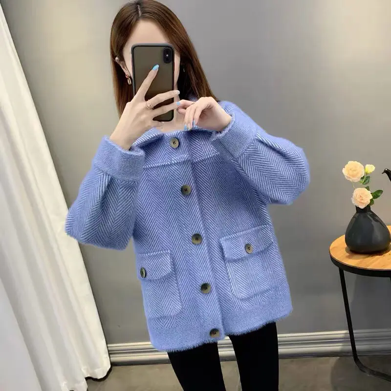 2022 New Women Woolen Jacket Female Imitation Mink Velvet Coat Ladies Short Wool Coats Lady spring Autumnr Knit Cardigan Tops C