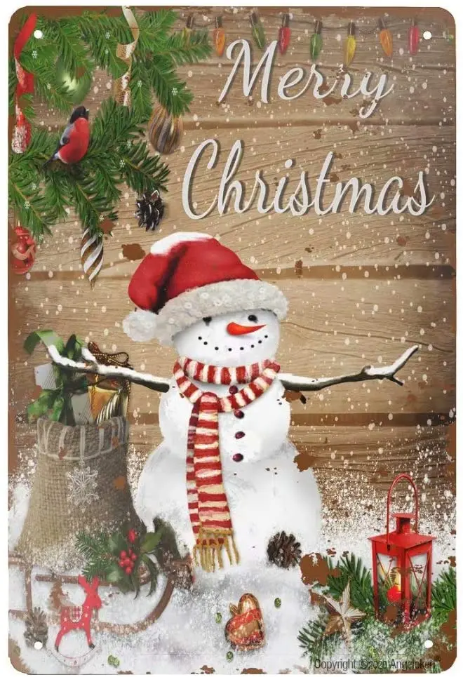 Angeloken Retro Tin Sign Merry Christmas Snowman Vintage Metal Sign for Wall Poster for Home Kitchen Bar Coffee Shop 12x8 Inch