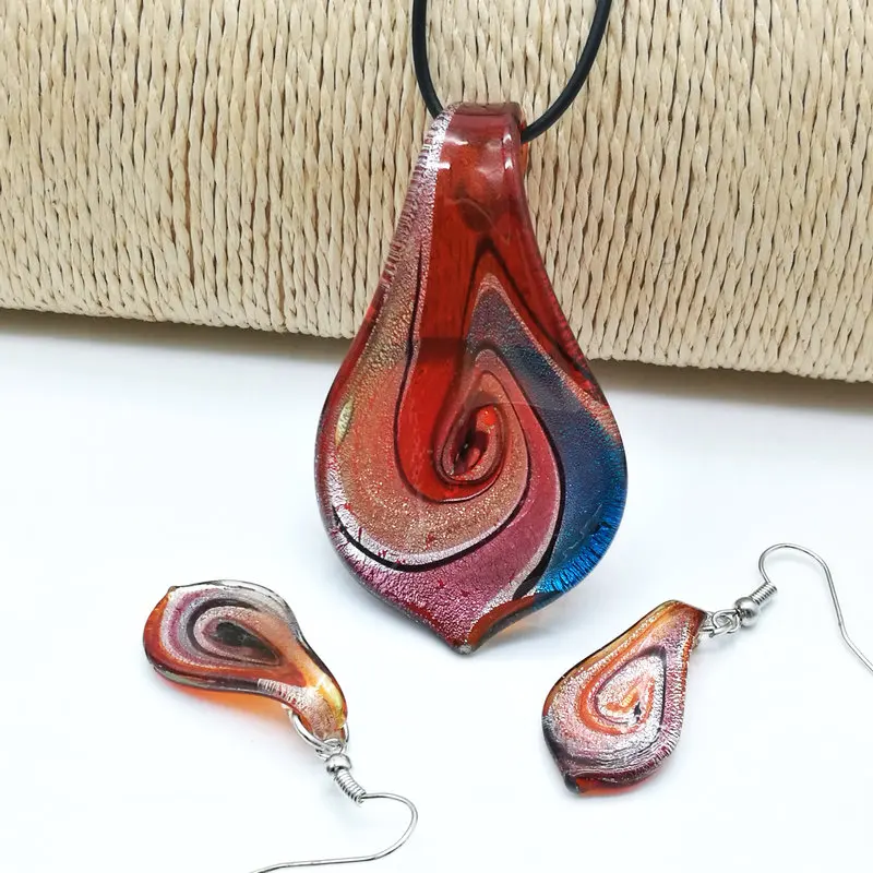 6 Sets Different Color Whirlwind Pattern Ribbons Glass Murano Leaf Pendant Necklace Earrings Chinese Style Colored Glaze Jewely