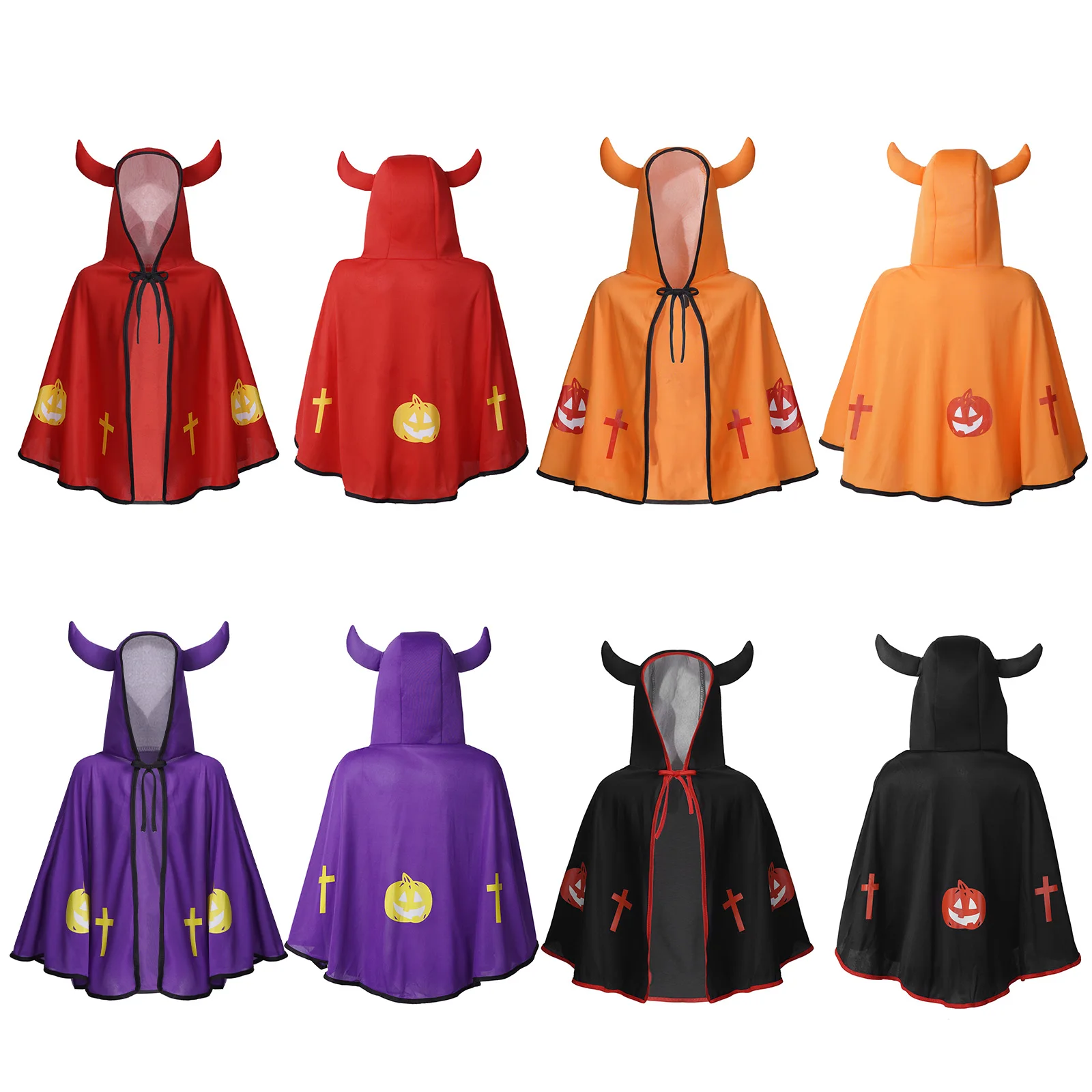 Kids Hooded Cloak Halloween Costume Cape for Boys Girls Cosplay Cloak Party Ox Horn Adorned Pumpkin Print Short Cloak