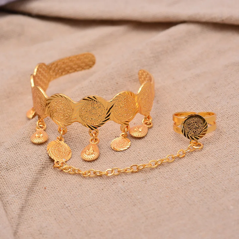 New Coin Gold Color  Bangles Baby/Child with Ring Middle Eastern Jewelry Muslim Islamic Bracelets Wholesale Coins Money Sign