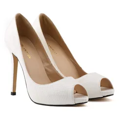 LOSLANDIFEN Sexy Delle Donne Del Coccodrillo di Modo Pompe Scarpe Tacchi Alti Del Partito Delle Signore Shallow Nero Bianco A Spillo Peep Toe Sandali Donna