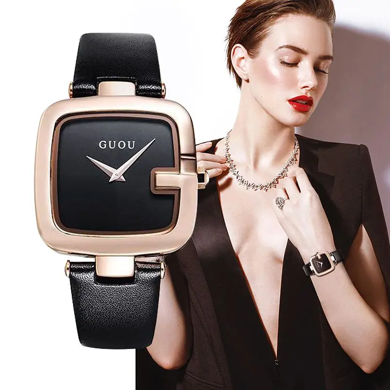 Guou Top Brand Women\'s Watches 2019 Square Fashion Zegarek Damski Luxury Ladies Bracelet For Women Leather Strap Clock Saati