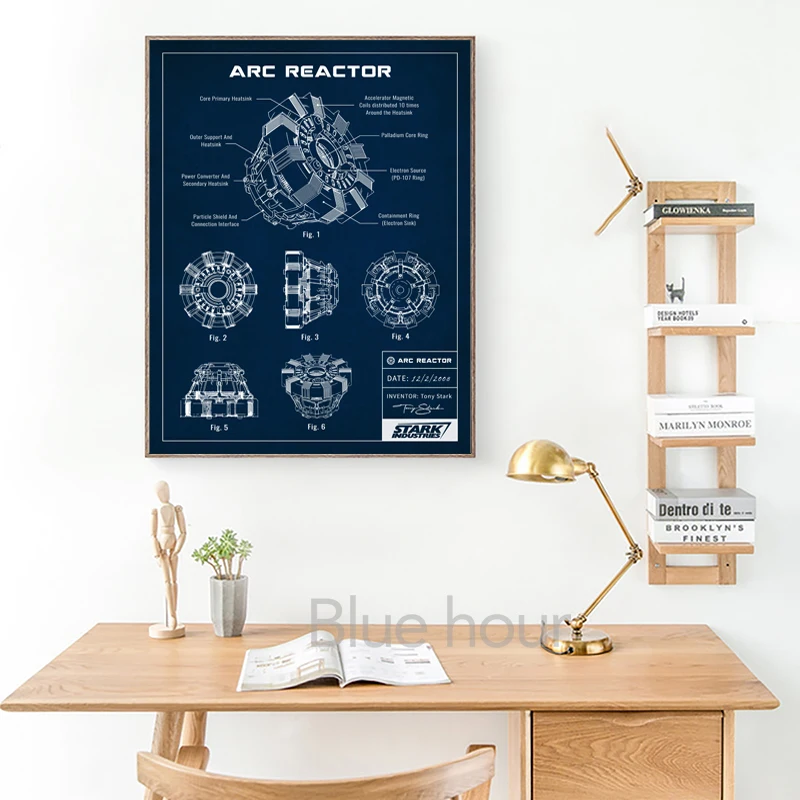 Arc Reactor Blueprint Art Canvas Painting Vintage Patent Sci-fi Movies Posters Fan Gifts Man Cave Wall Prints Boys Room Decor