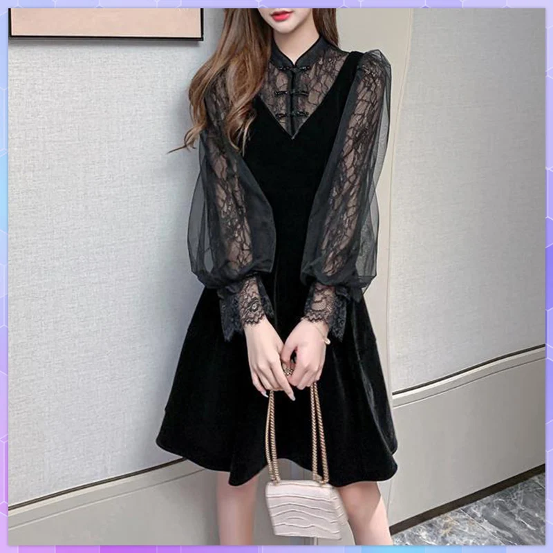 Goth Dark Velour Gothic Aesthetic Vintage Hepburn Style Dresses Women's Lace Patchwork Grunge Black Dress Long Sleeve Vestido