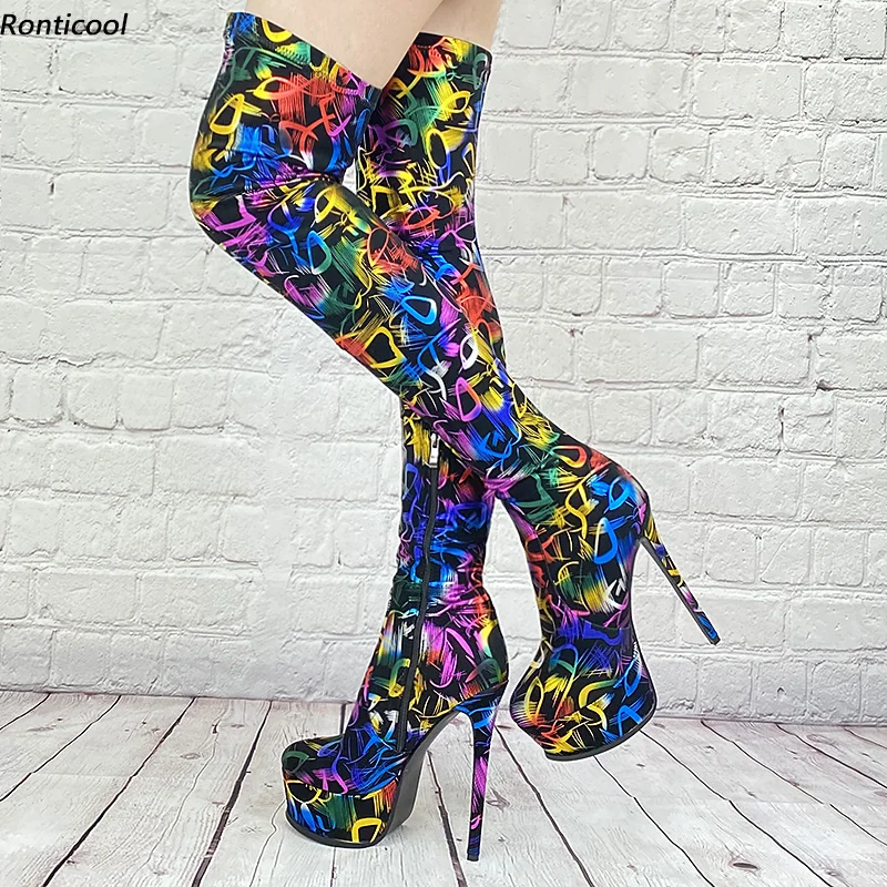 

Ronticool Women Platform Thigh Boots Winter Side Zipper Stiletto Heels Round Toe Beautiful Multi Color Club Shoes Us Size 5-13