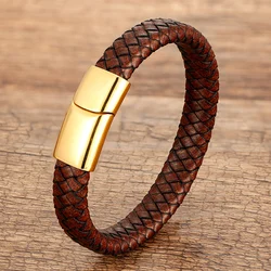 Fashion Men Jewelry Brown Braided Leather Rope Bracelet Charm Stainless Steel Magnetic Buckle Bracelets Punk Men Wrist Band Gift