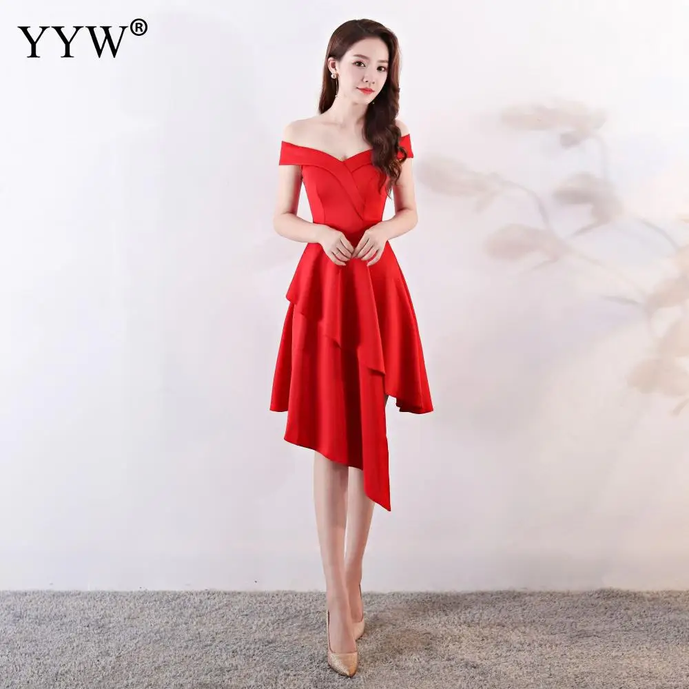 Cotton Ôm Vai Ngắn Dạ Hội Không Đều Rủ Rắn Sinh Nhật Tiệc Cocktail Đầu Gối Chiều Dài Thanh Lịch Abendkleider