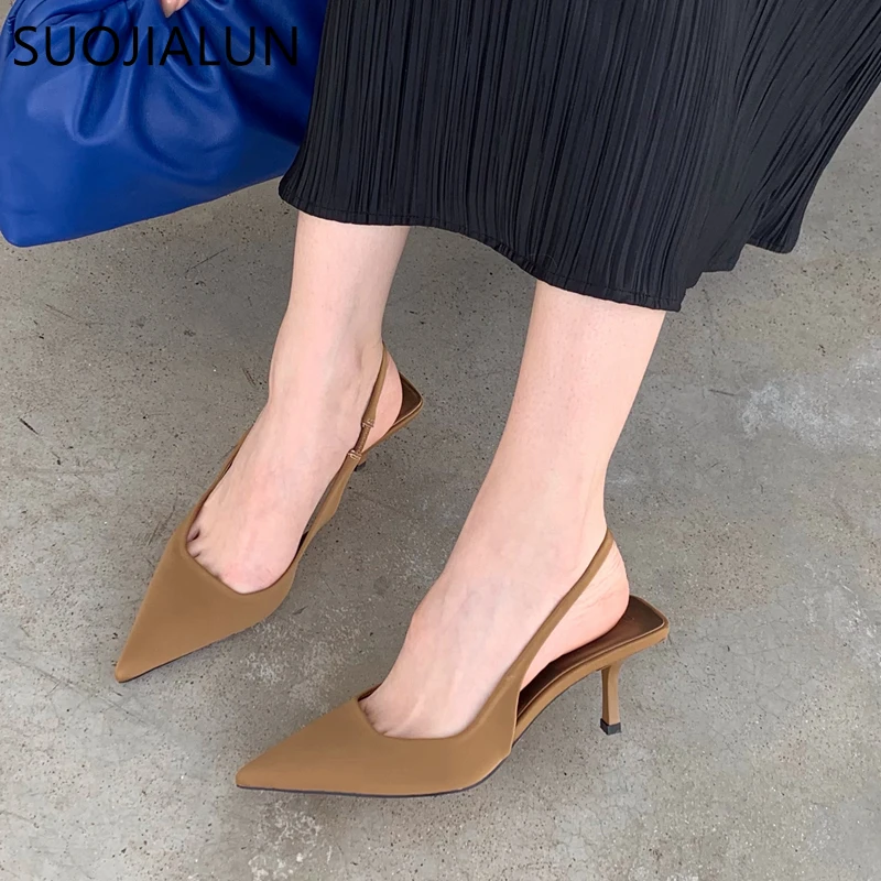 SUOJIALUN Fashion Thin High Heels Slingback Sandals Pointed Toe Slip On Mules Shoes Ladies Elegant Shallow Pumps Party Dress Sho