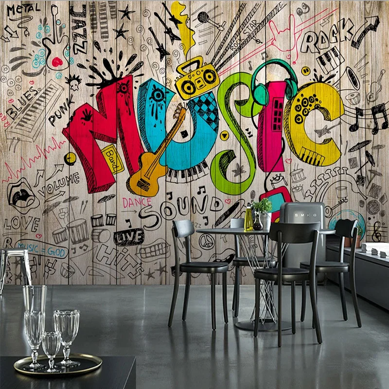 

Custom Photo Retro Nostalgic Wood Grain Creative Personality Street Graffiti Music Hotel Restaurant Cafe Bar 3D Wall Paper Mural