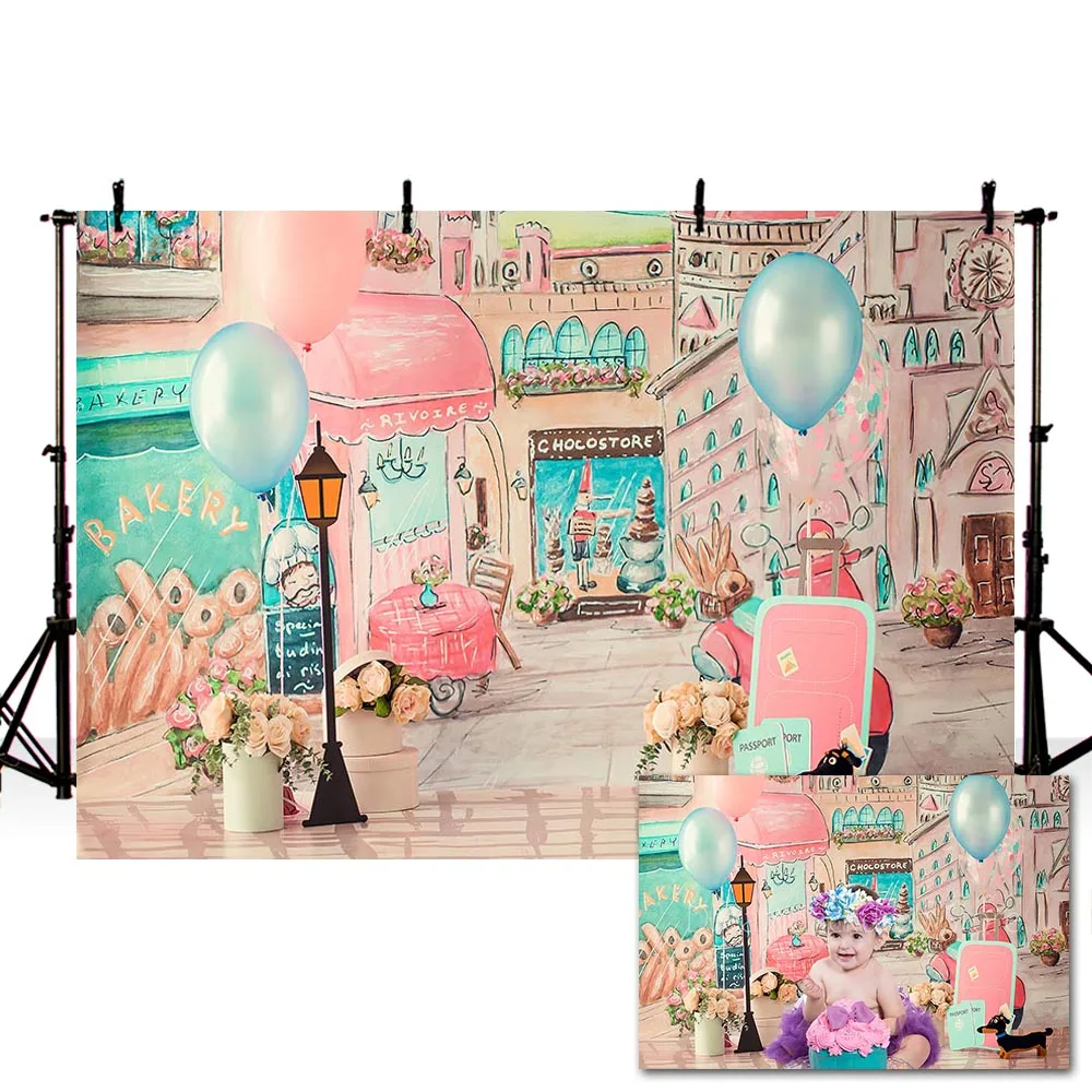 Mehofond Pink Street Shop Backdrop Watercolor Balloons Store Baby Birthday Party Photography Background Photo Studio Decor Prop