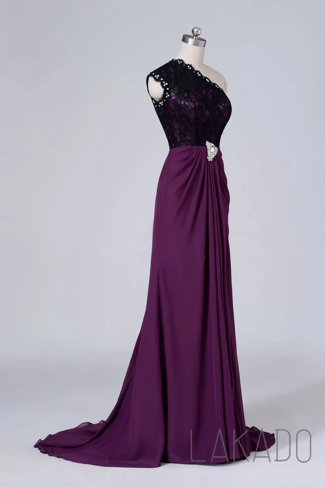 Seite Schlitz Grape Brautjungfer Kleider Eine Schulter Schwarz Spitze Top Lange Chiffon Frauen Formale Kleid Für Hochzeiten Real Foto