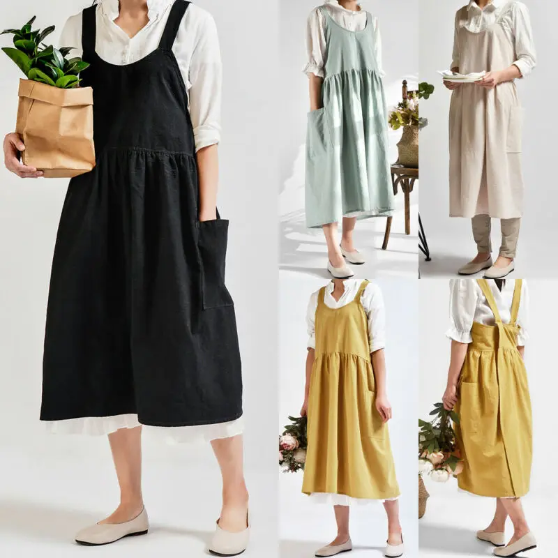 Women Cotton Linen Cross Back Apron Japanese Housework Baking Wrap with Pocket Florist Dress Solid Color Garden Kichen Apron