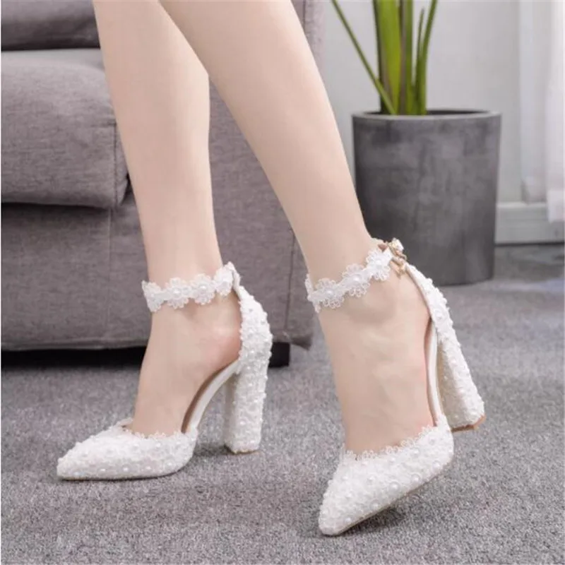 White lace wedding shoes for women Thick flower high heel shoes for women bridal shoes with low mouth buckle large size 35  43