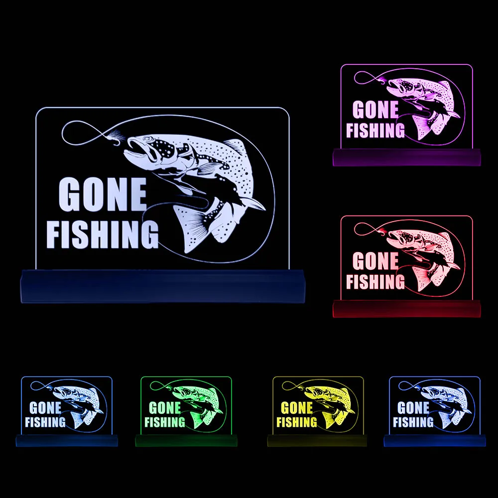 Imagem -06 - Gone Pesca Placa de Identificação Sinal Led Luz Pescador Gife Truta Moderno Personalizado Acrílico Noite Lâmpada Mesa Pesca Jardim Decoração