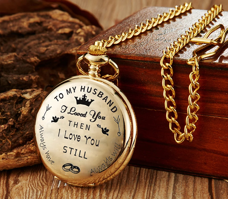 To My Husband I Love You Forever Pendant Men Quartz Pocket Watch Luxury Antique Flip Fob Clock for Valentine's Day Birthday Gift