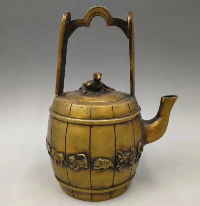 

Chinese pure brass twelve zodiac Bucket shape teapot