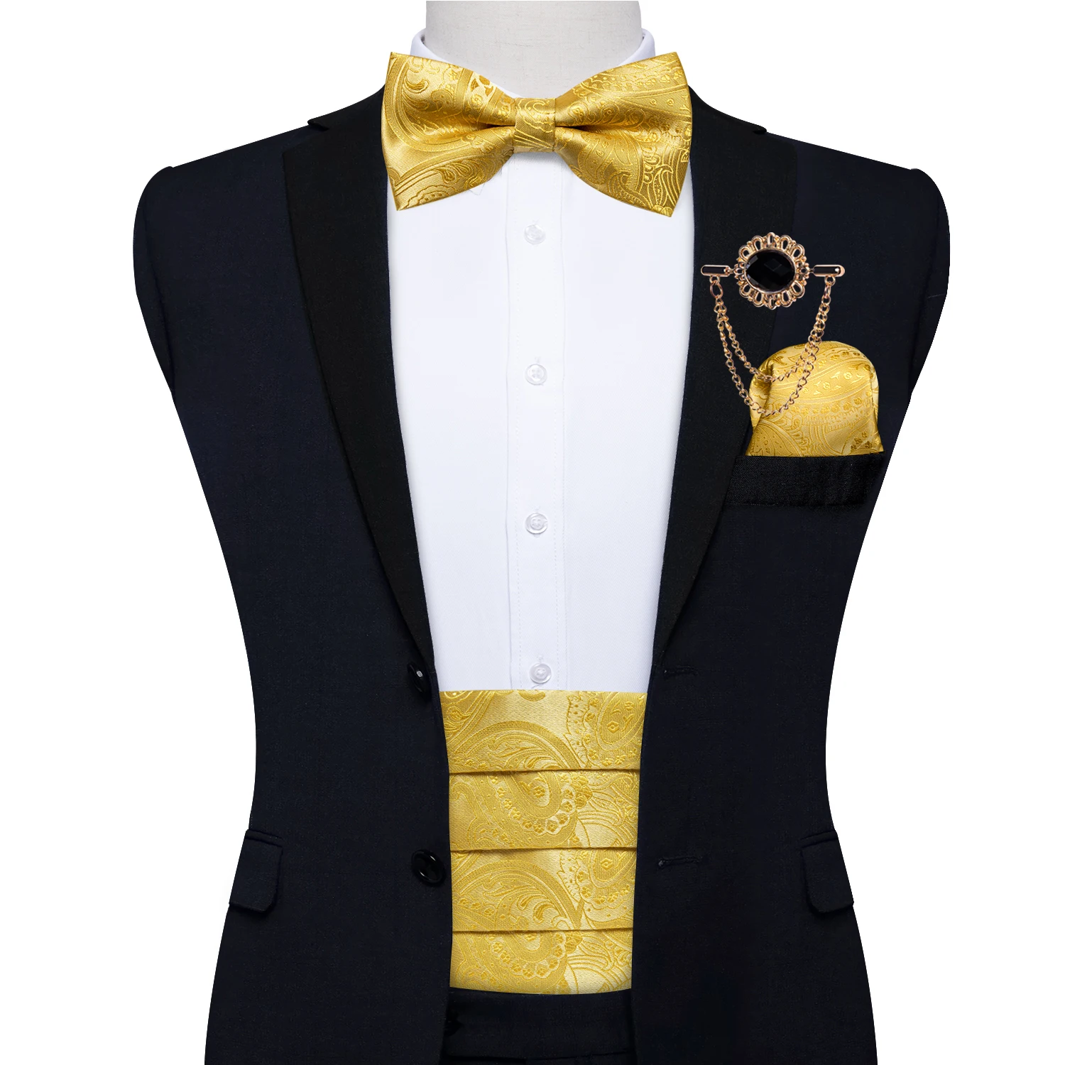 Gold Paisleyผู้ชายTuxedo CummerbundและBow Tieงานแต่งงานอย่างเป็นทางการCummerbundsเข็มขัดยืดกว้างเข็มขัดเข็มกลัดชุดDiBanGu