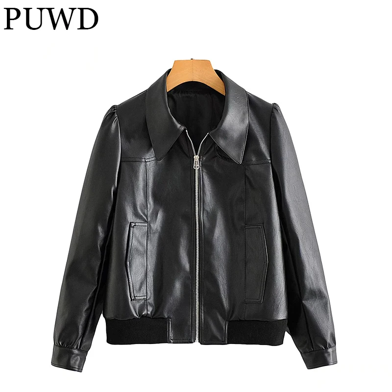 PUWD Leisure Women Faux Leather Black Jacket 2021 Autumn Winter Retro Zipper High Street Ladies Jackets Slim Female Chic Outwear