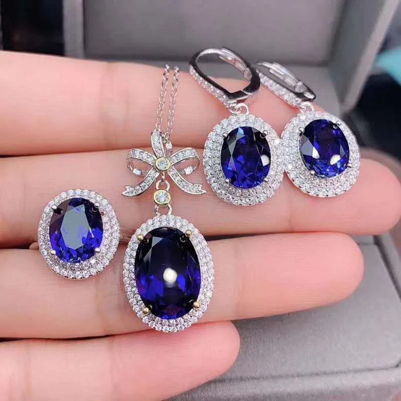 

FS Natural Sapphire Luxury Earrings Rings Pendants Necklace Set S925 Sterling Silver Fine Fashion Jewelry for Women MeiBaPJ