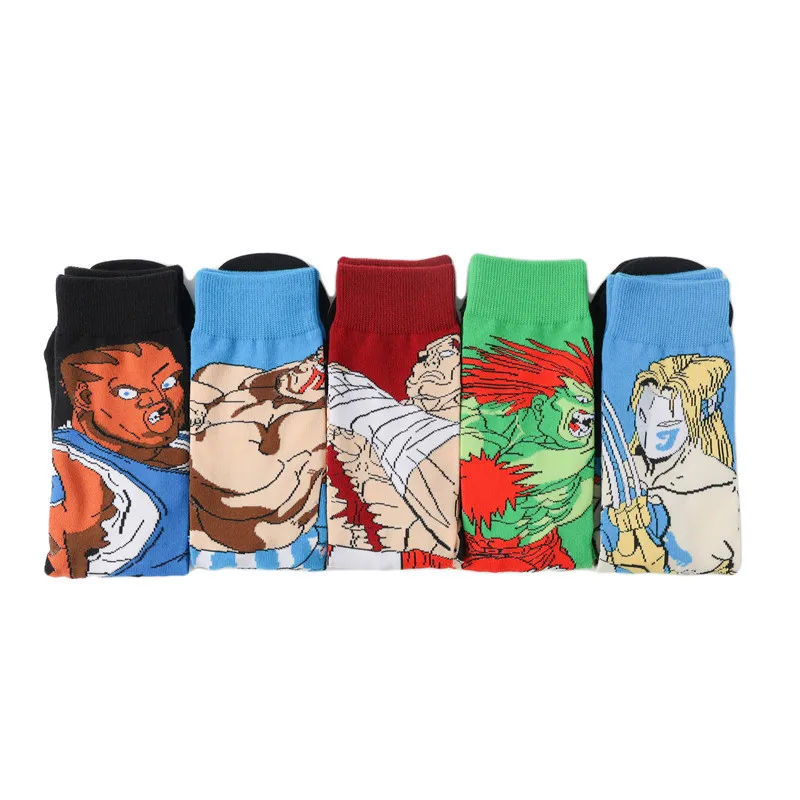 5 pairs of cotton personality anime socks for men in tube Street Fighter game socks trend cartoon men socks